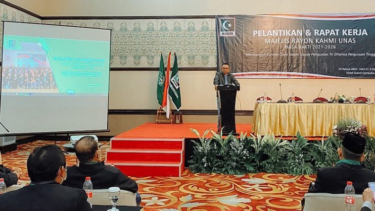 Ketua Umum terpilih MW KAHMI Jaya, M. Taufik, memberikan sambutan dalam Pelantikan & Rapat Kerja MR KAHMI Unas, Jakarta, pada Minggu (5/12/2021). Instagram/@mtaufik.grd