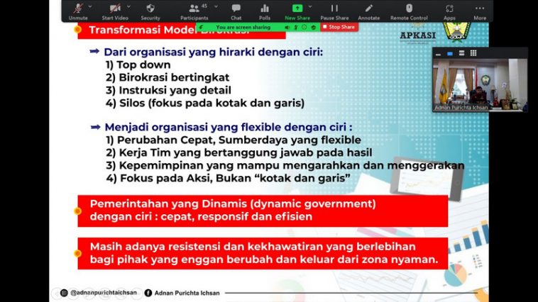 Bupati Gowa yang juga Sekretaris Jenderal APKASI, Adnan Purichta Ichsan, dalam Kajian Reboan #14 bertema "Reformasi Birokrasi; Harapan, Tantangan, dan Problematika Penyetaraan Jabatan Struktural dan Fungsional ASN" pada Kamis (3/2/2022). Tangkapan layar Zoom/LMD MN KAHMI